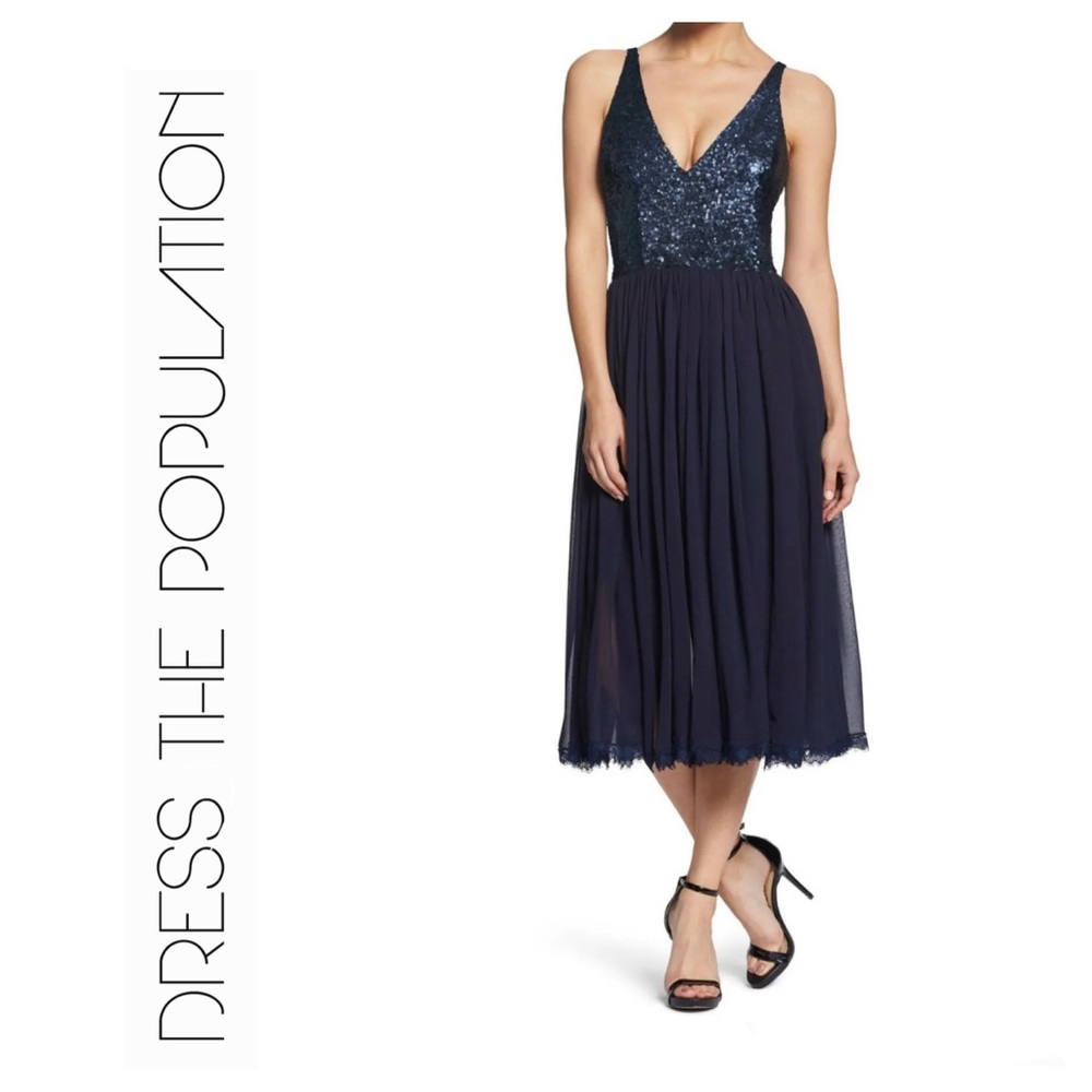 DRESS THE POPULATION Tracy Womens S V-neck  Midi Dress Navy Blue Sequin HoCo